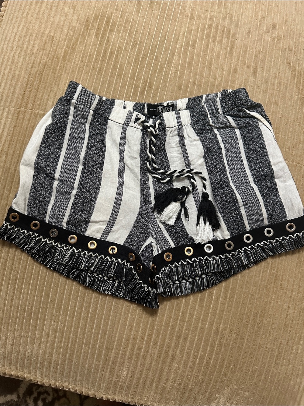 Rewash Black & White Striped Tassel Fringe Shorts linen blend size small